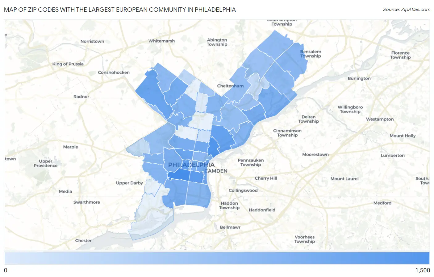 Zip Codes with the Largest European Community in Philadelphia Map