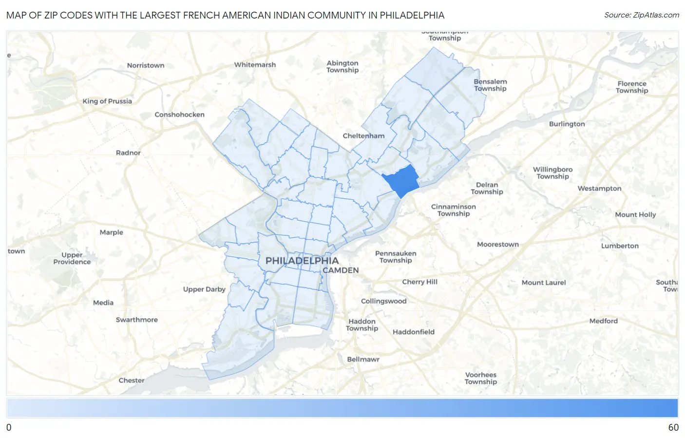 Zip Codes with the Largest French American Indian Community in Philadelphia Map