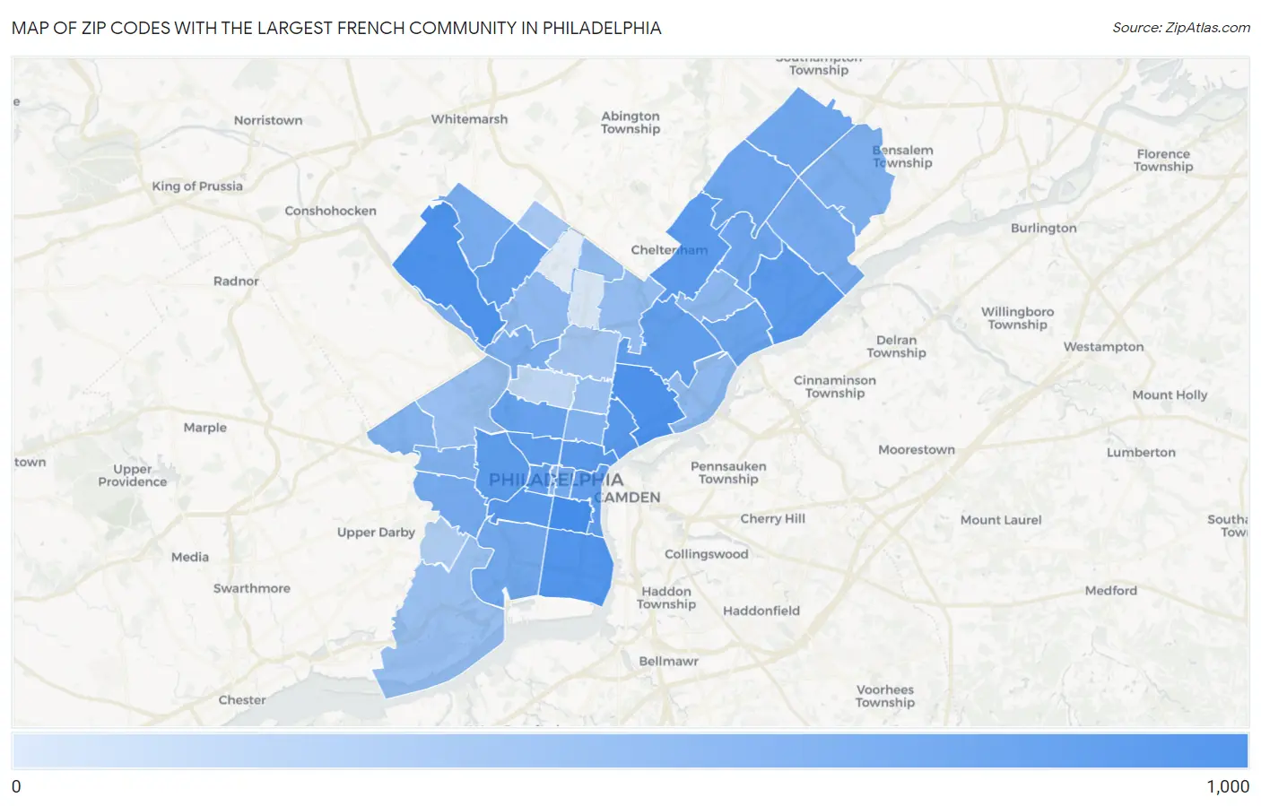 Zip Codes with the Largest French Community in Philadelphia Map