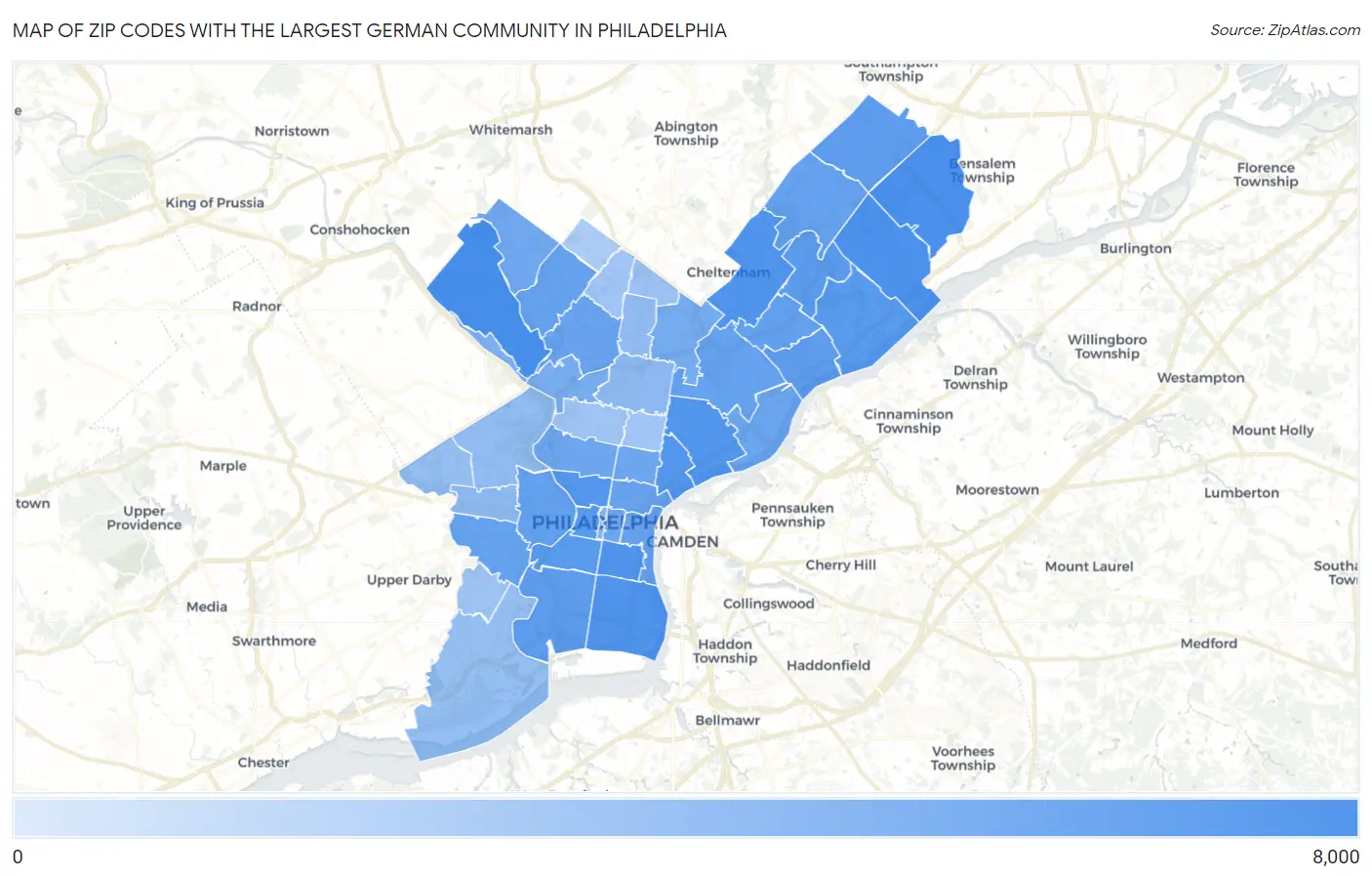 Zip Codes with the Largest German Community in Philadelphia Map