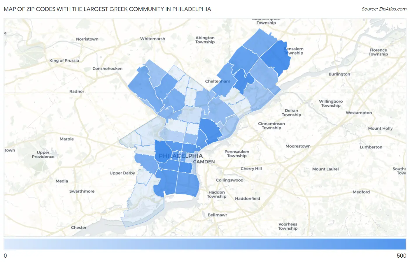 Zip Codes with the Largest Greek Community in Philadelphia Map