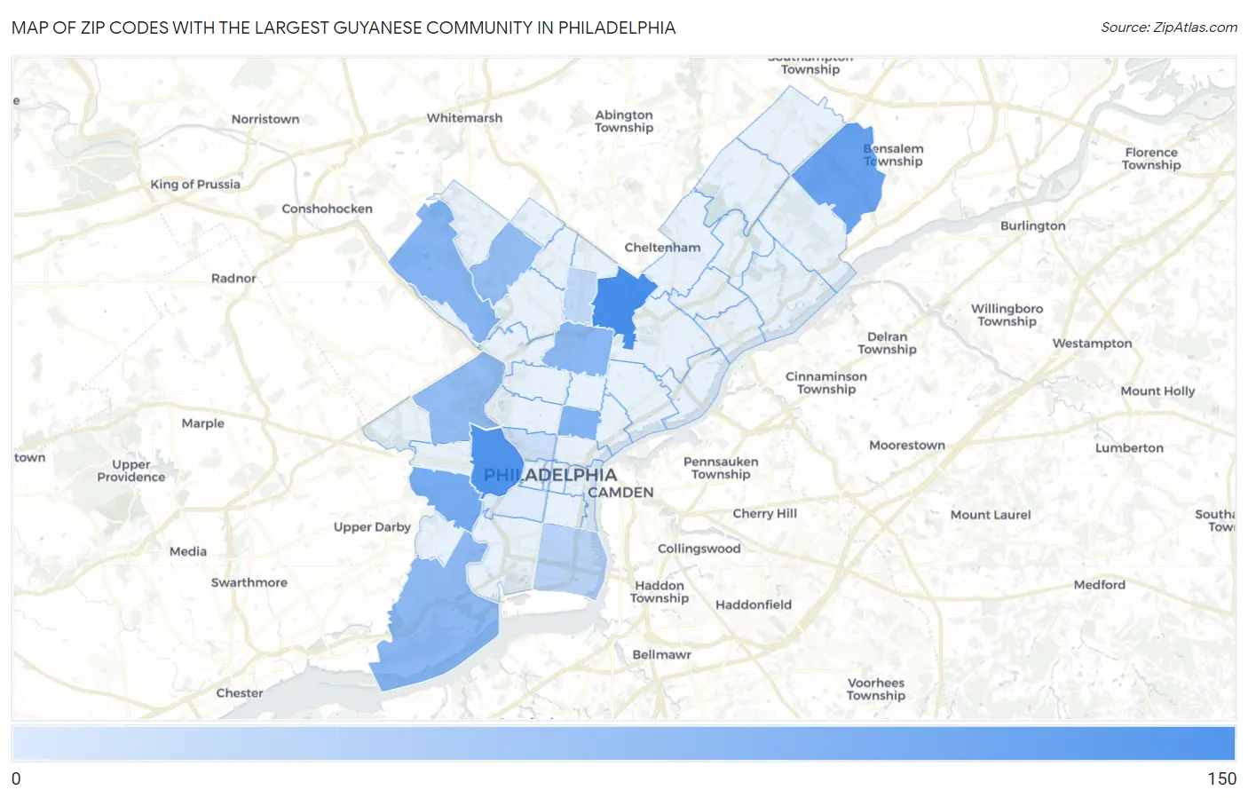 Zip Codes with the Largest Guyanese Community in Philadelphia Map