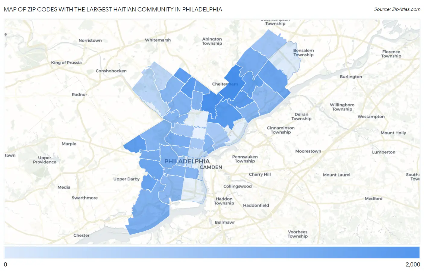 Zip Codes with the Largest Haitian Community in Philadelphia Map