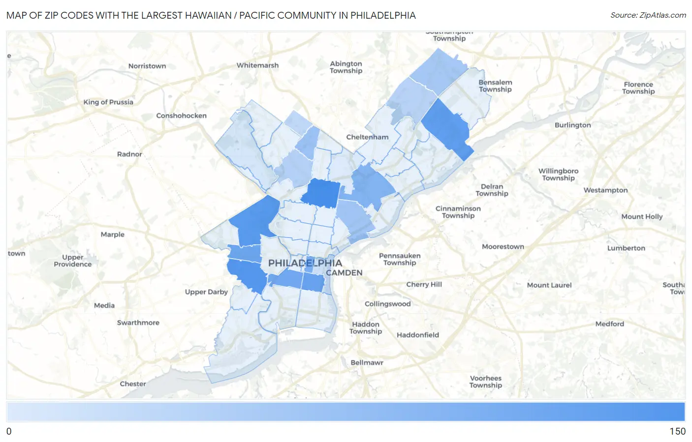 Zip Codes with the Largest Hawaiian / Pacific Community in Philadelphia Map
