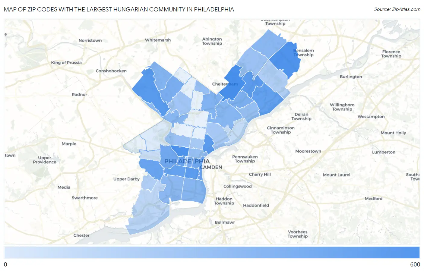 Zip Codes with the Largest Hungarian Community in Philadelphia Map