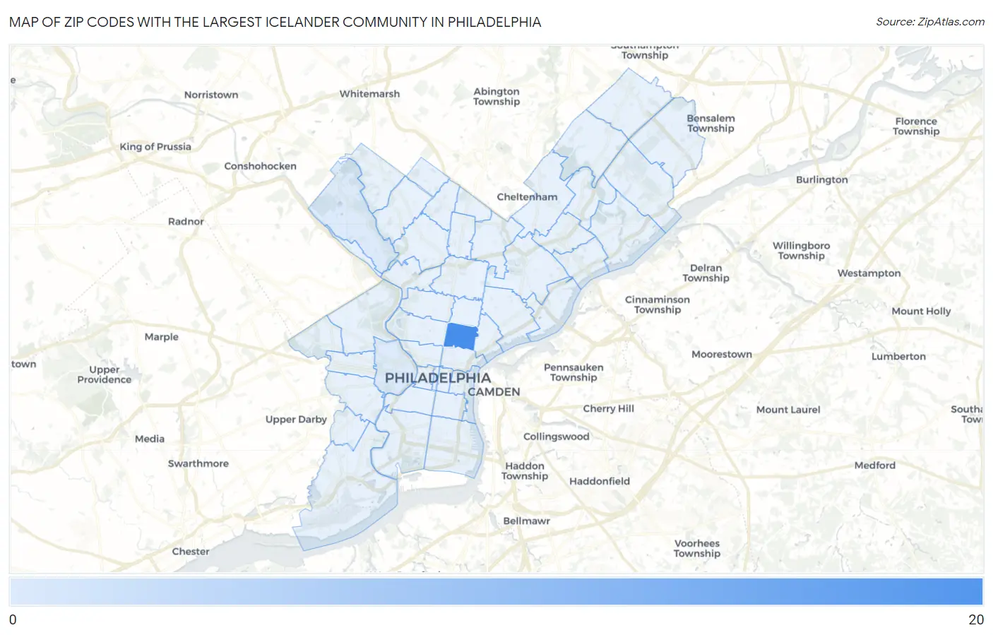 Zip Codes with the Largest Icelander Community in Philadelphia Map