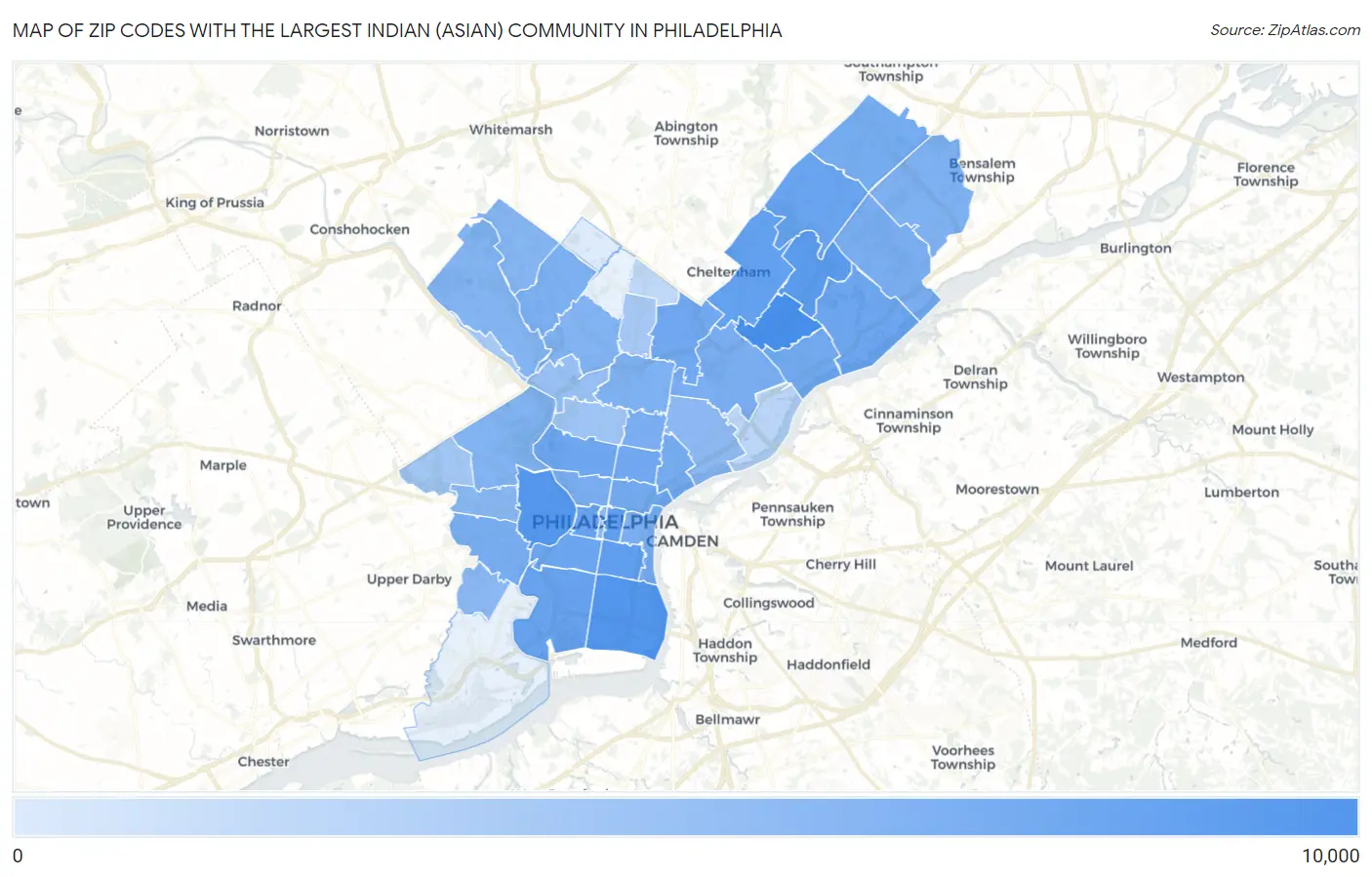 Zip Codes with the Largest Indian (Asian) Community in Philadelphia Map