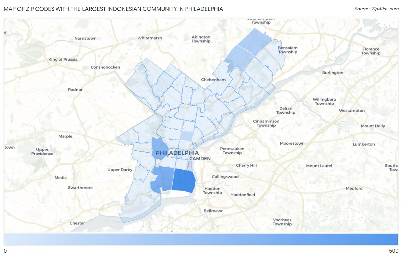 Zip Codes with the Largest Indonesian Community in Philadelphia Map