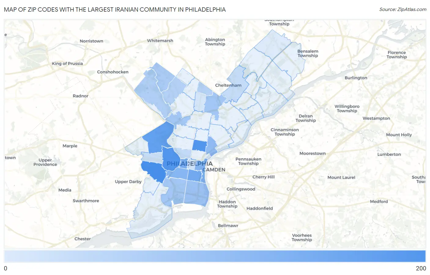 Zip Codes with the Largest Iranian Community in Philadelphia Map
