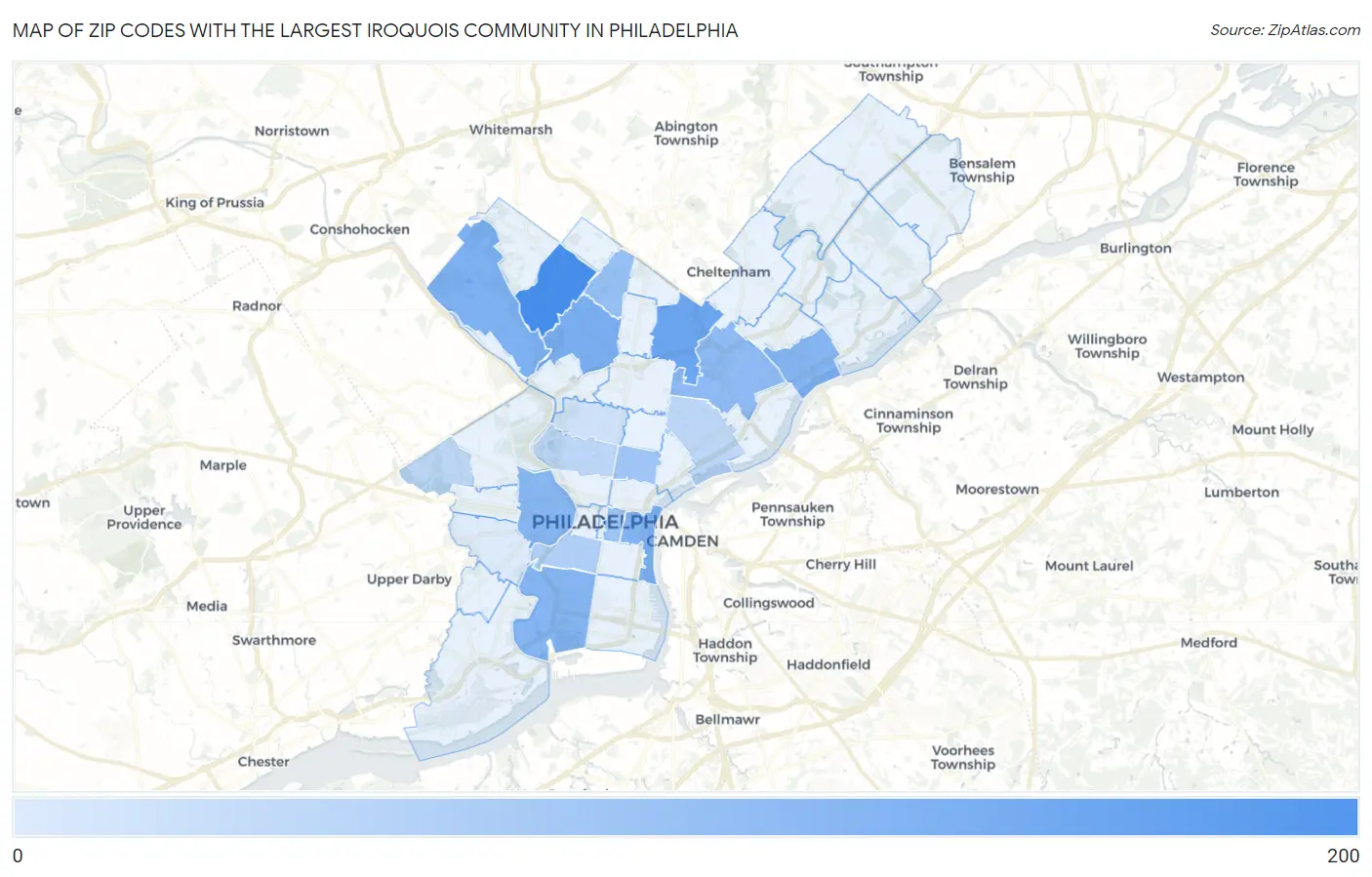 Zip Codes with the Largest Iroquois Community in Philadelphia Map