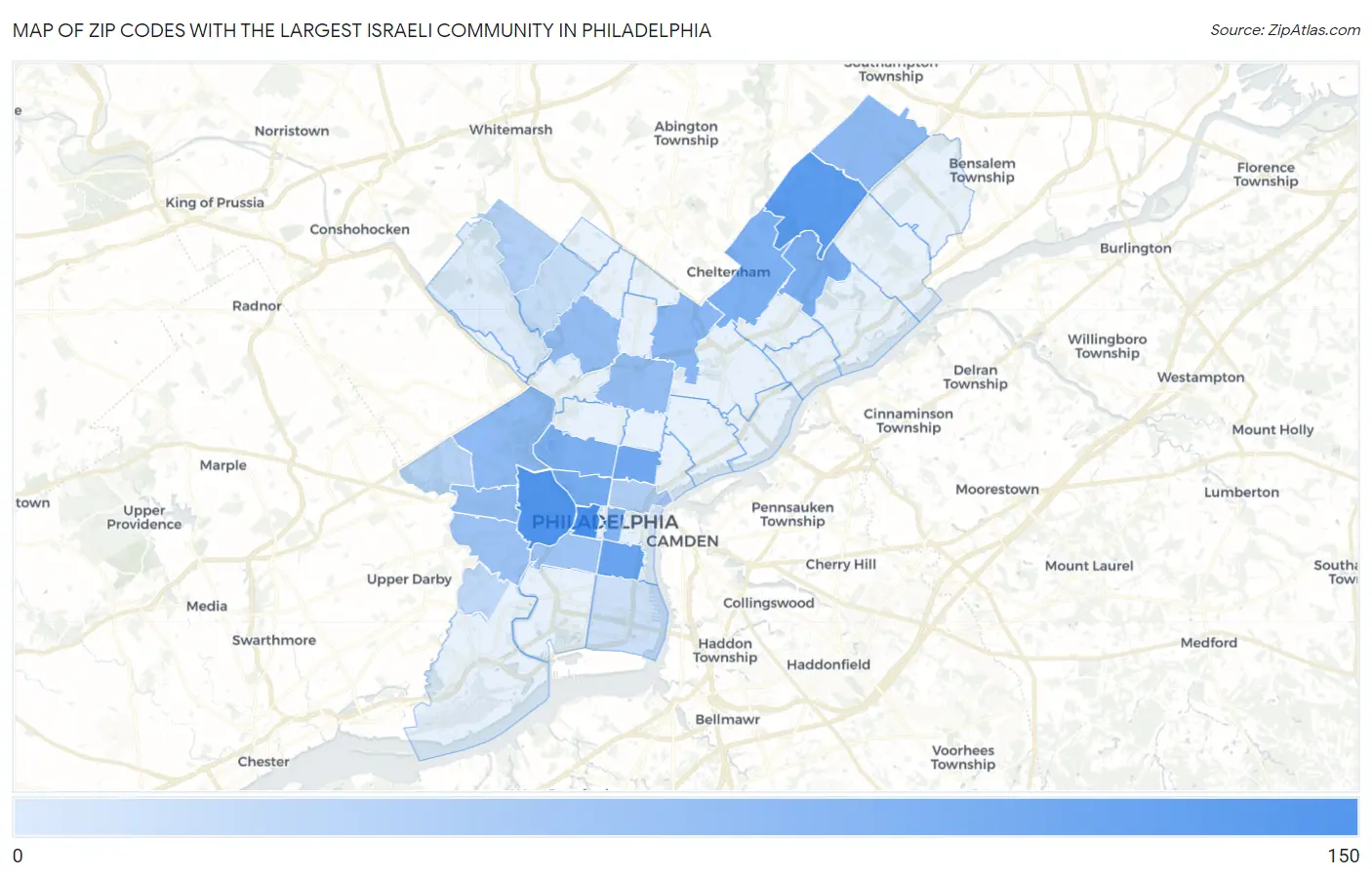Zip Codes with the Largest Israeli Community in Philadelphia Map