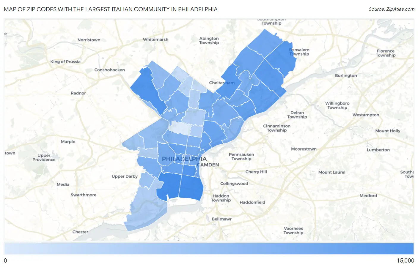 Zip Codes with the Largest Italian Community in Philadelphia Map