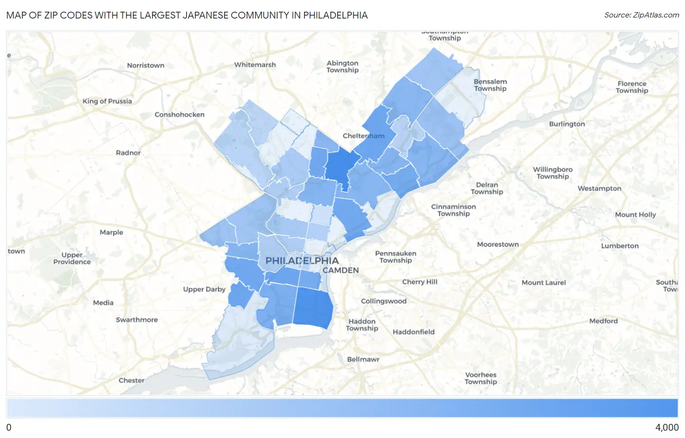 Zip Codes with the Largest Japanese Community in Philadelphia Map