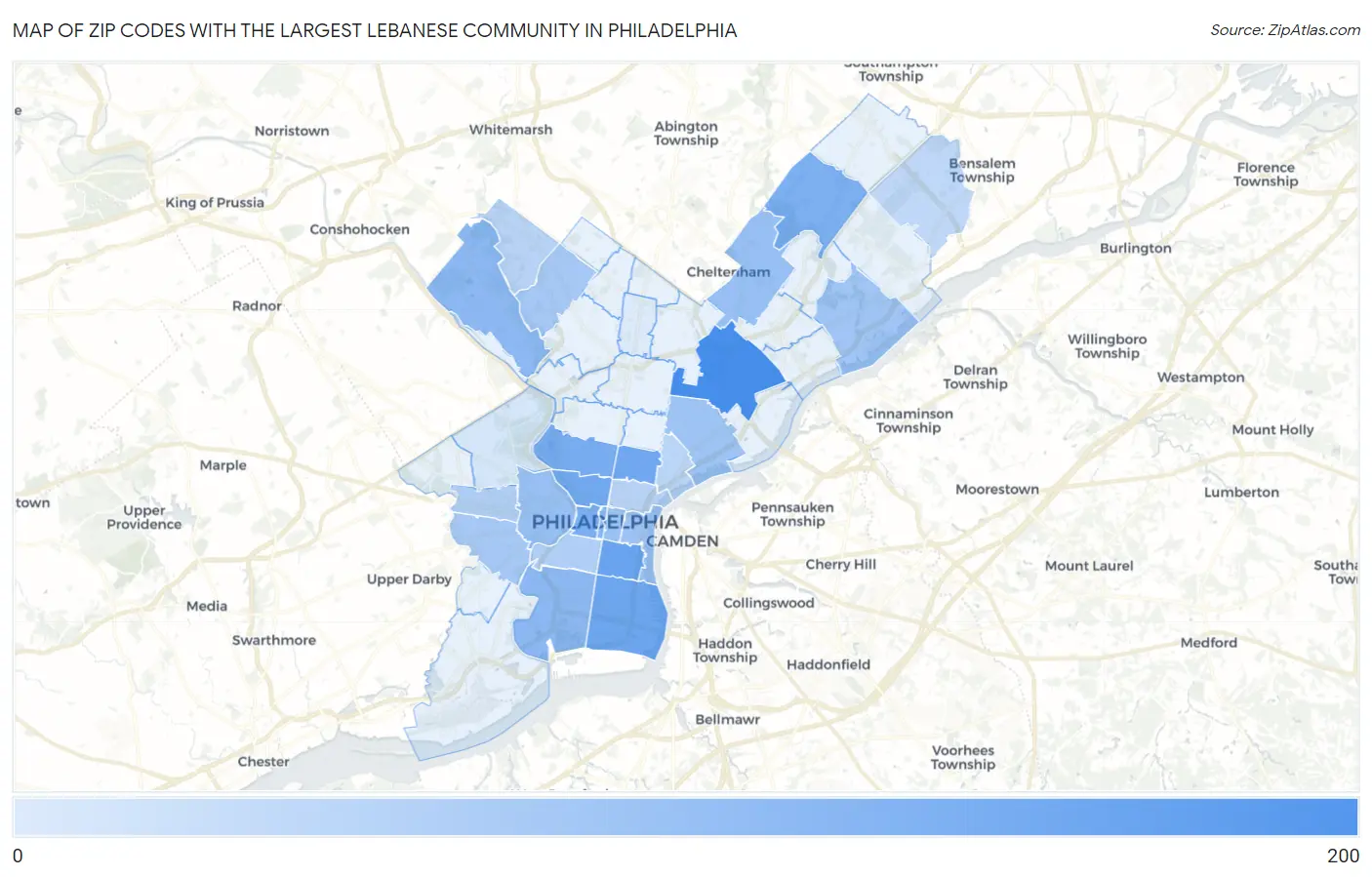 Zip Codes with the Largest Lebanese Community in Philadelphia Map