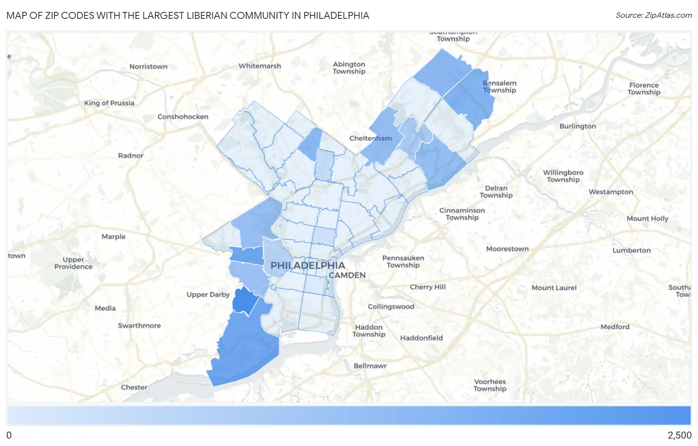 Zip Codes with the Largest Liberian Community in Philadelphia Map