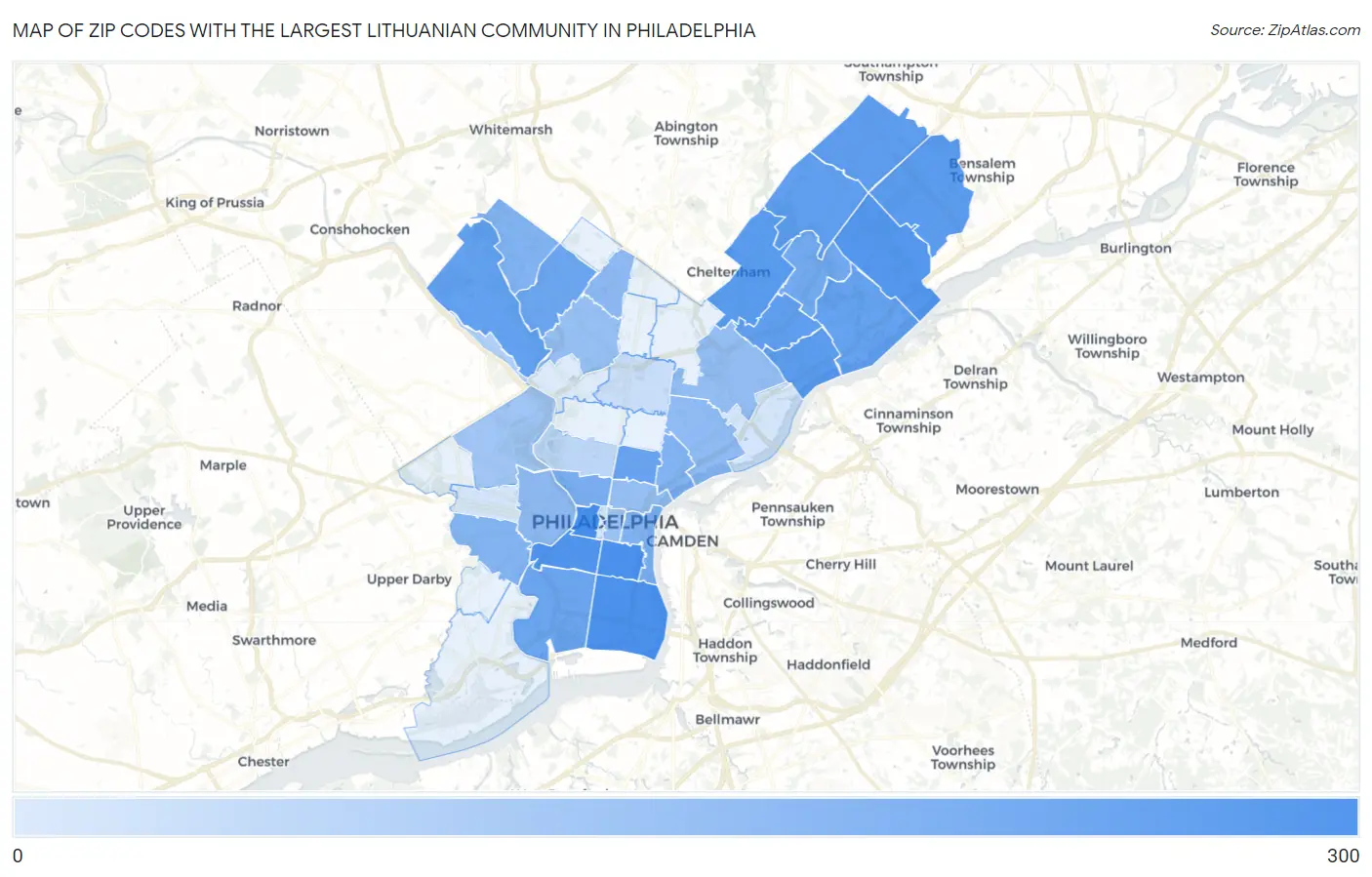 Zip Codes with the Largest Lithuanian Community in Philadelphia Map
