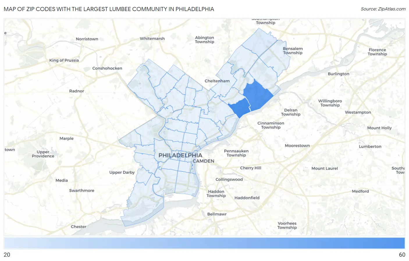 Zip Codes with the Largest Lumbee Community in Philadelphia Map