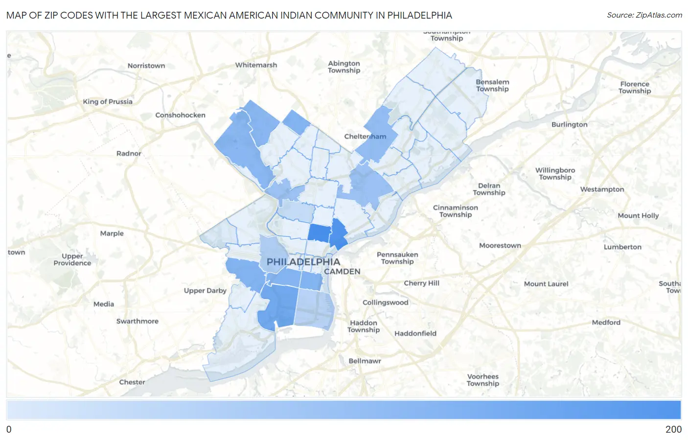 Zip Codes with the Largest Mexican American Indian Community in Philadelphia Map