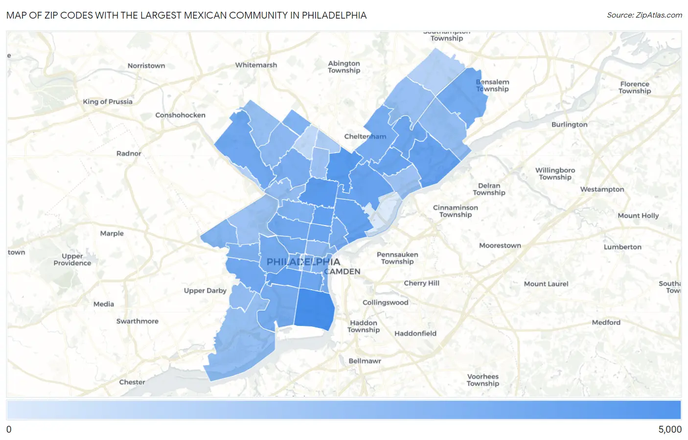 Zip Codes with the Largest Mexican Community in Philadelphia Map
