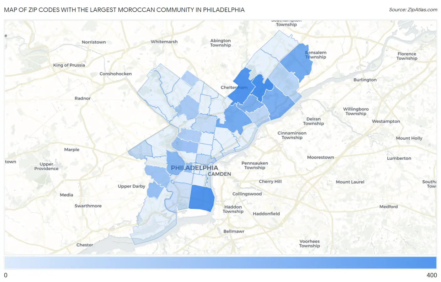 Zip Codes with the Largest Moroccan Community in Philadelphia Map