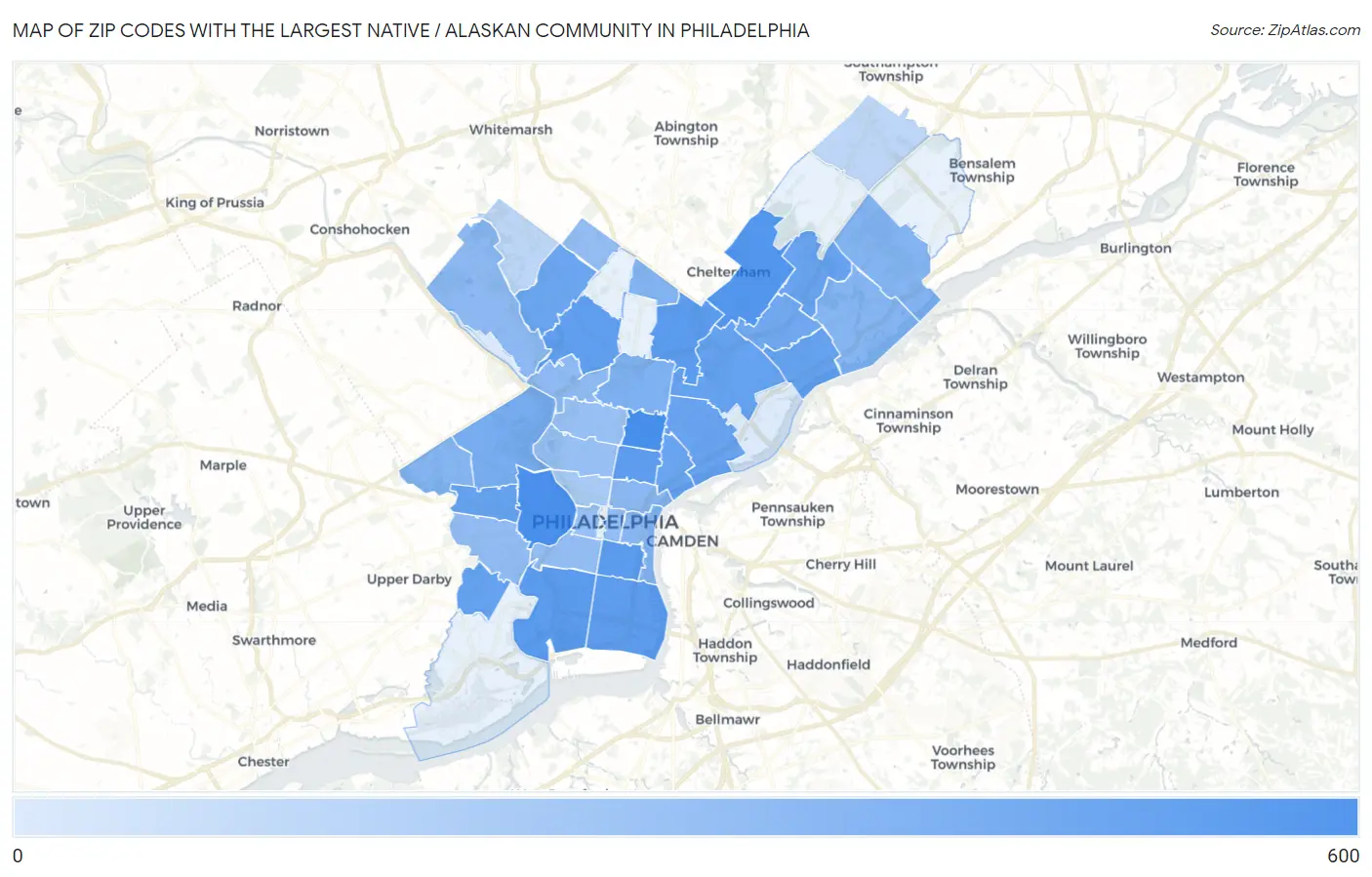 Zip Codes with the Largest Native / Alaskan Community in Philadelphia Map