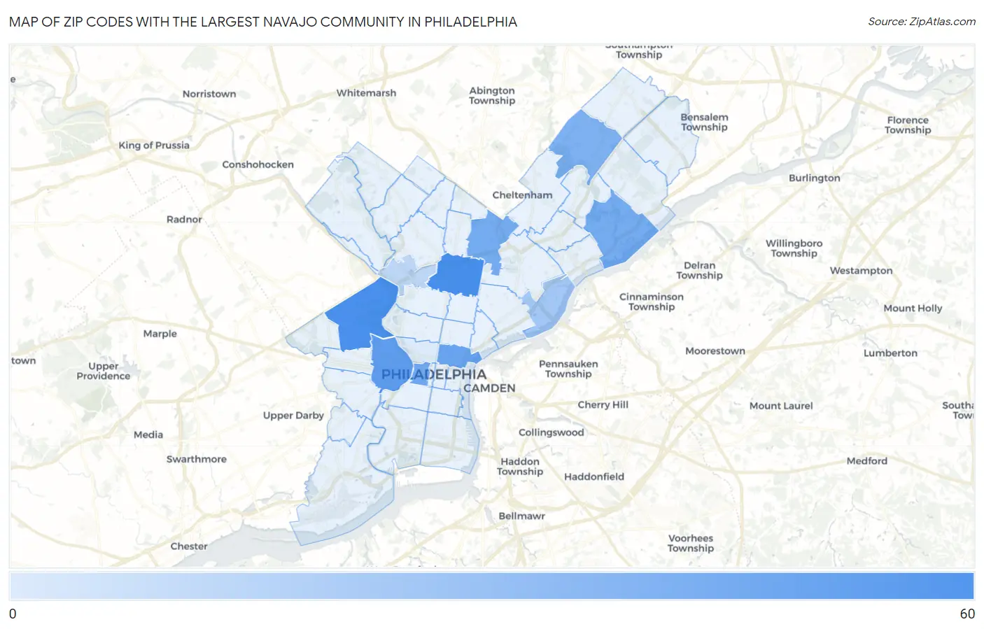 Zip Codes with the Largest Navajo Community in Philadelphia Map