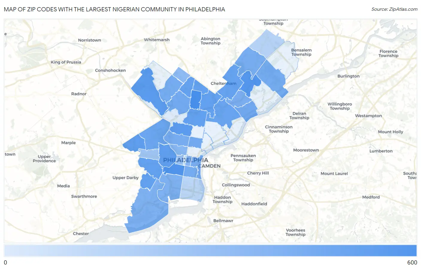 Zip Codes with the Largest Nigerian Community in Philadelphia Map