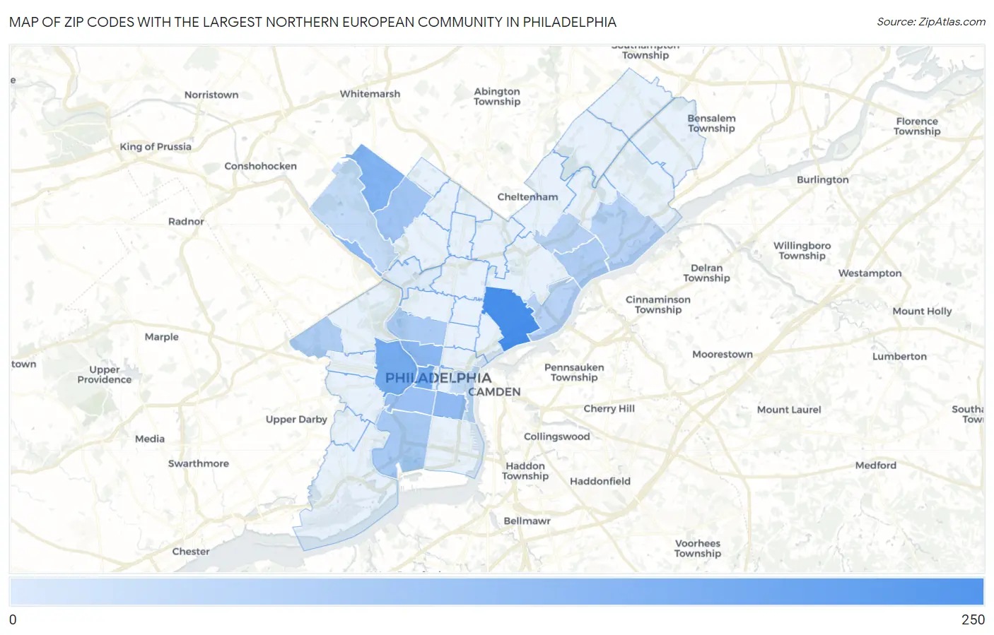 Zip Codes with the Largest Northern European Community in Philadelphia Map