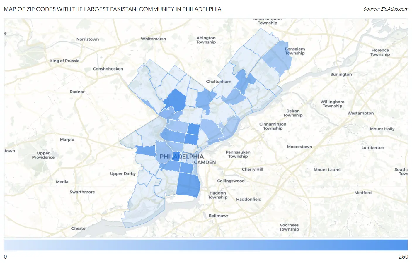 Zip Codes with the Largest Pakistani Community in Philadelphia Map