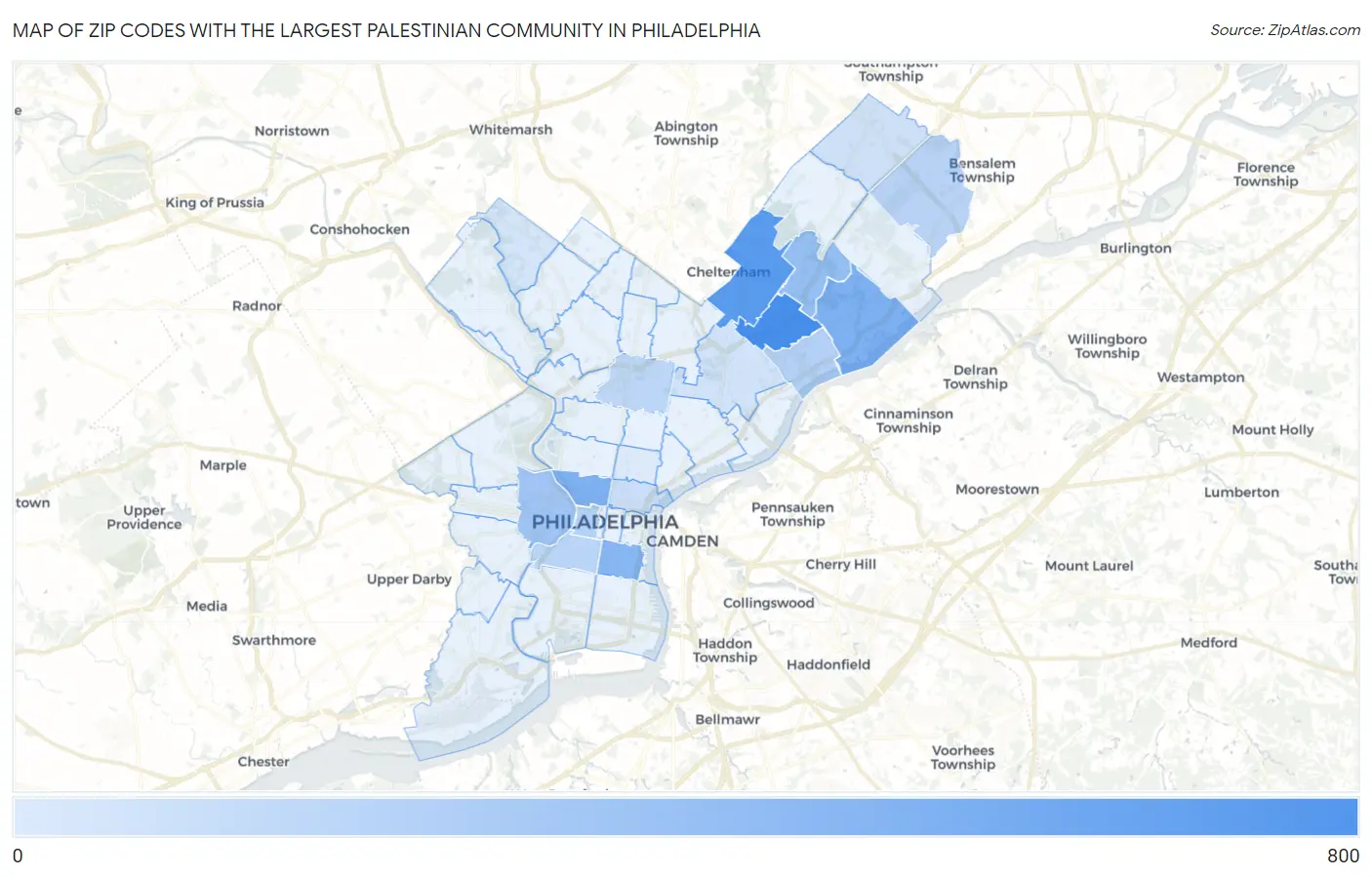 Zip Codes with the Largest Palestinian Community in Philadelphia Map