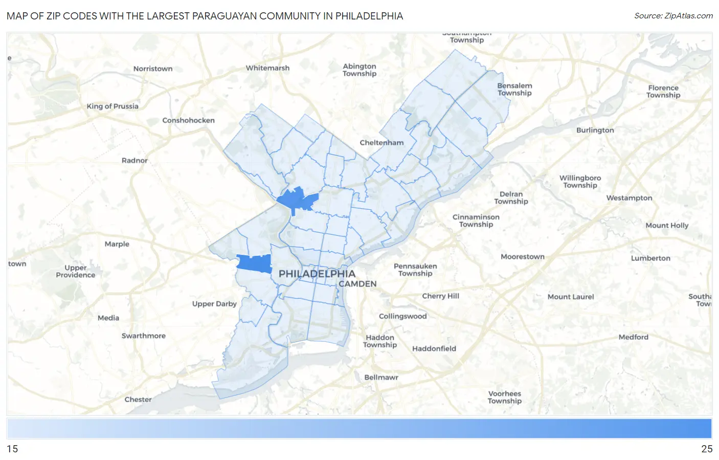 Zip Codes with the Largest Paraguayan Community in Philadelphia Map