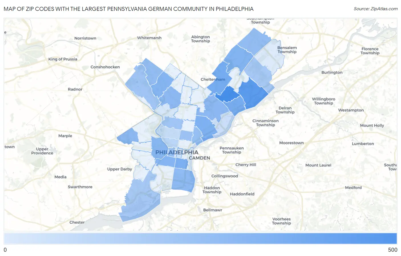 Zip Codes with the Largest Pennsylvania German Community in Philadelphia Map