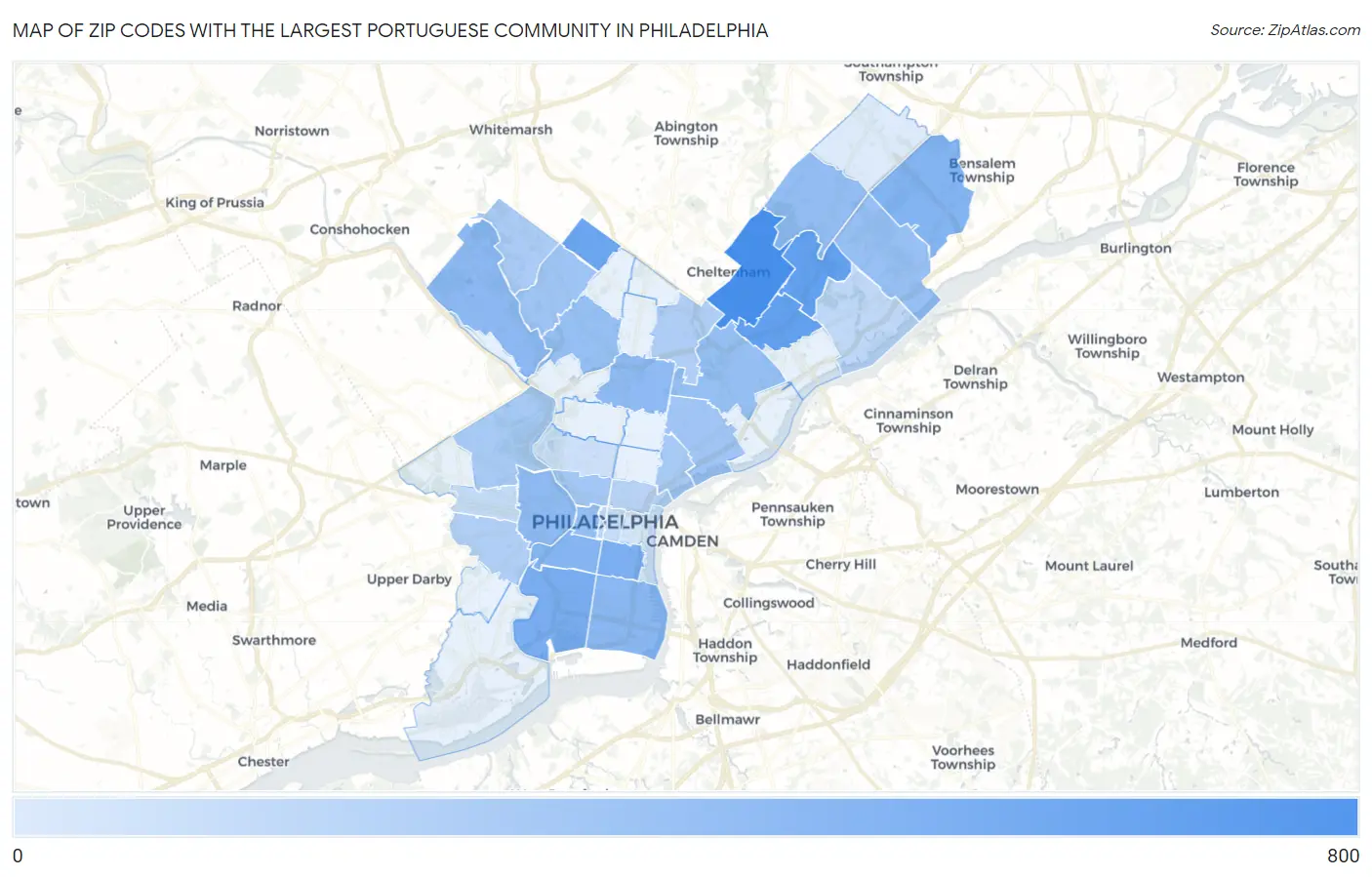 Zip Codes with the Largest Portuguese Community in Philadelphia Map