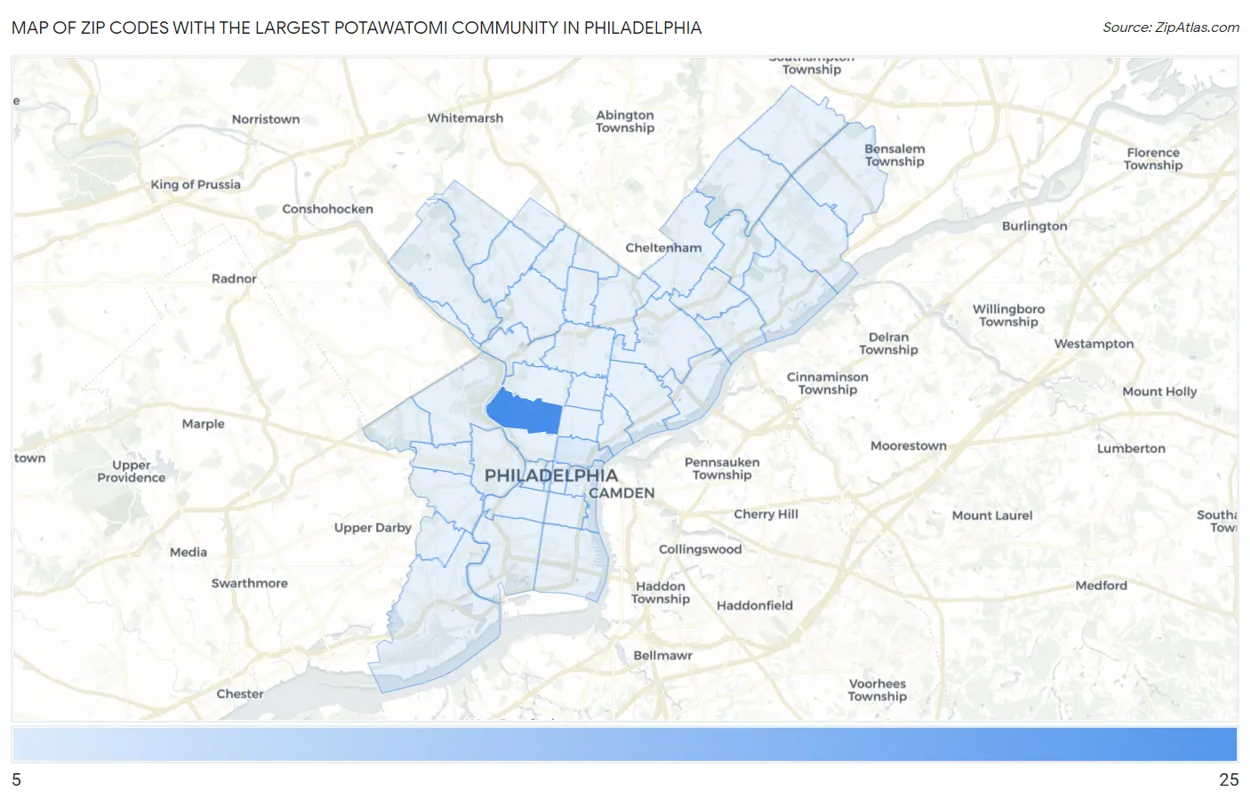 Zip Codes with the Largest Potawatomi Community in Philadelphia Map
