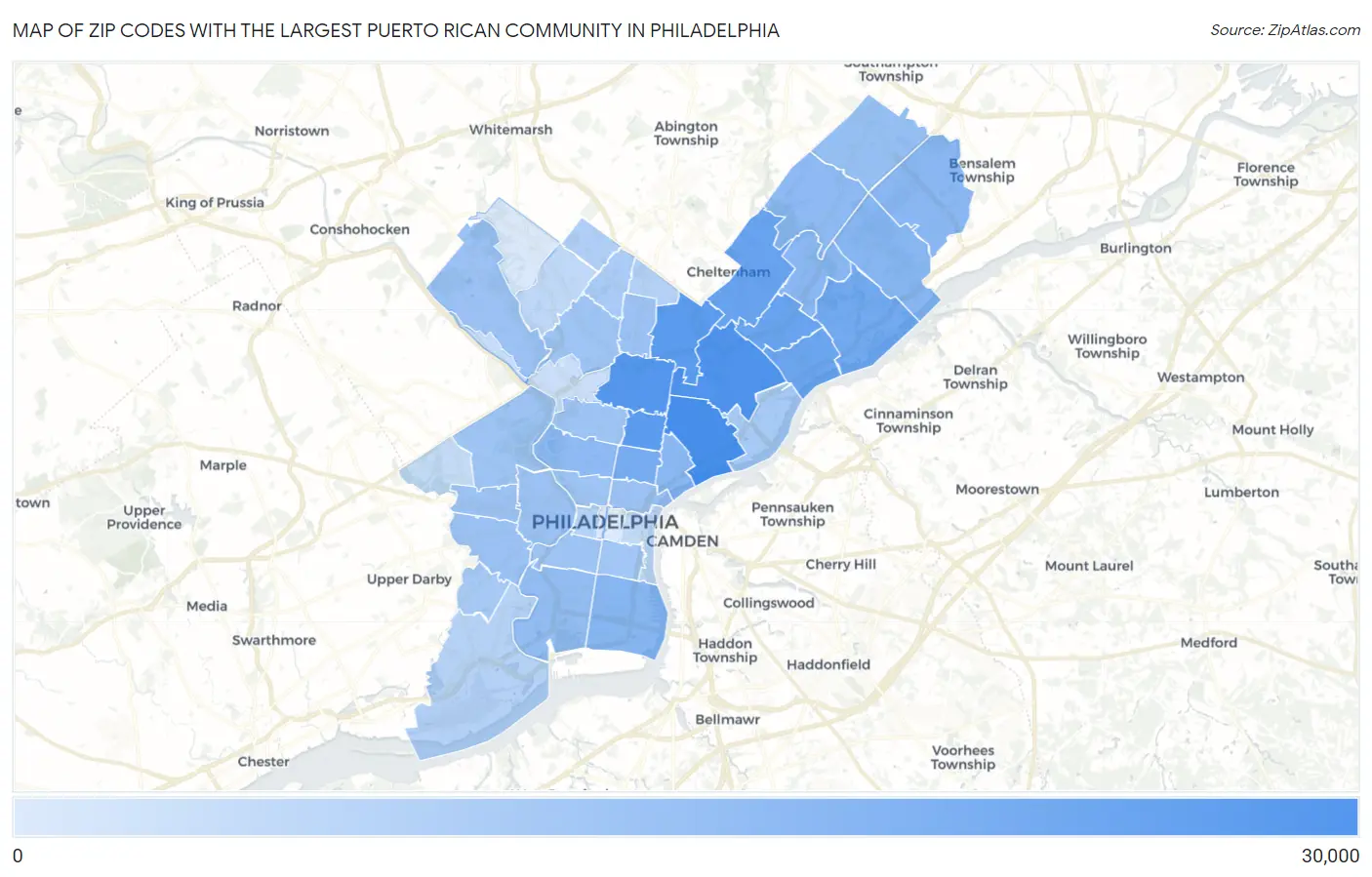 Zip Codes with the Largest Puerto Rican Community in Philadelphia Map