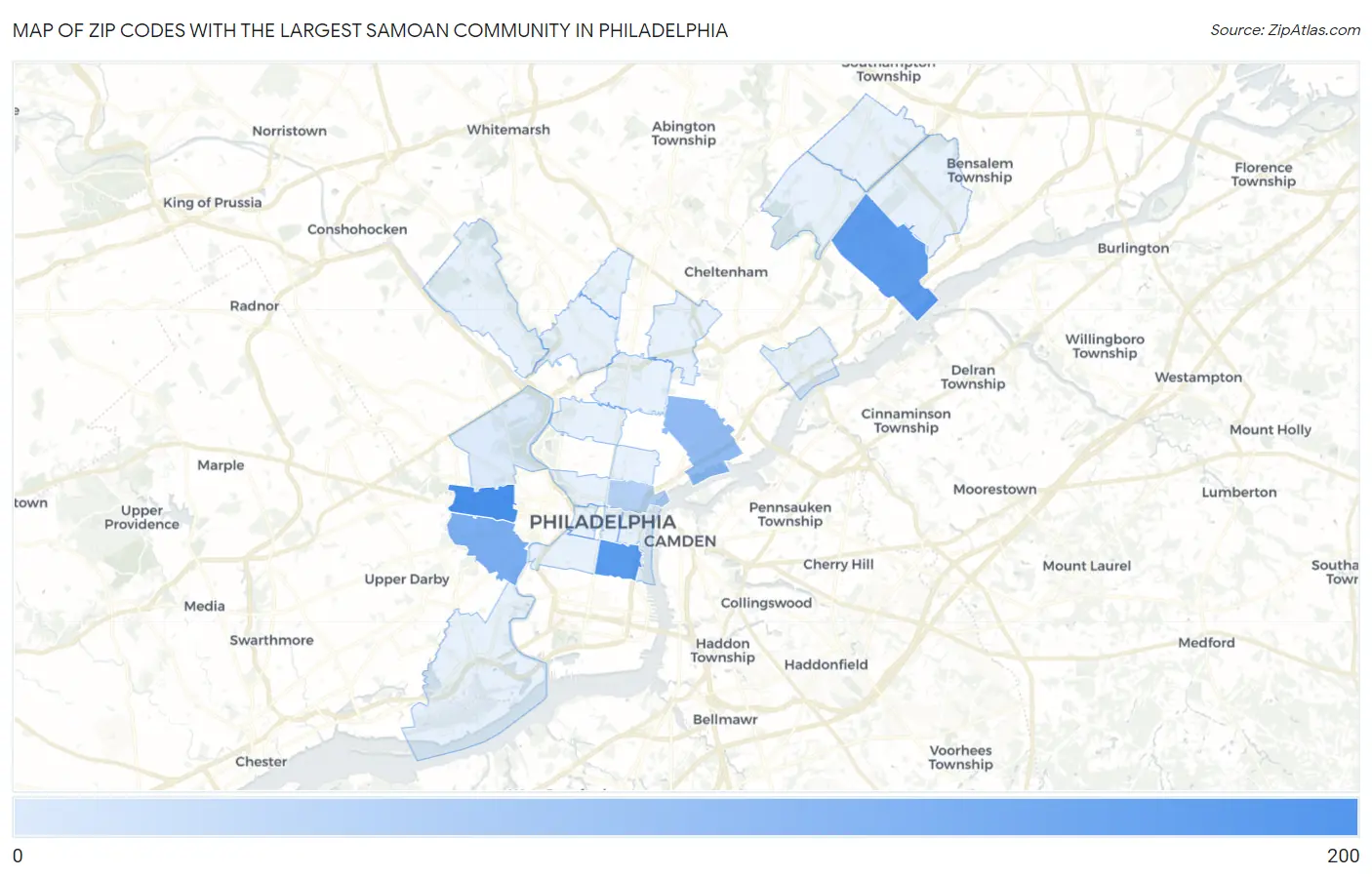 Zip Codes with the Largest Samoan Community in Philadelphia Map