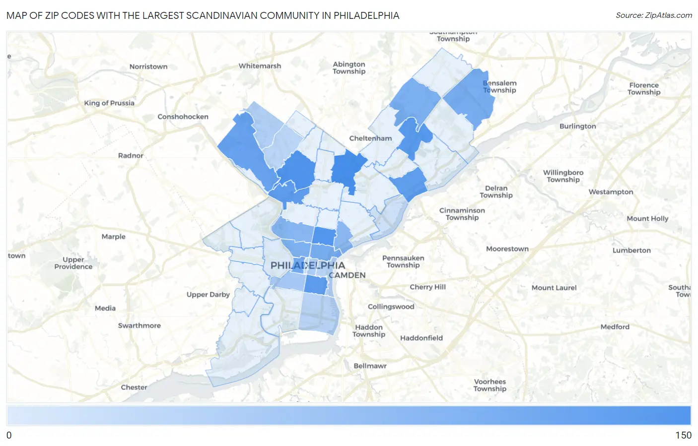 Zip Codes with the Largest Scandinavian Community in Philadelphia Map