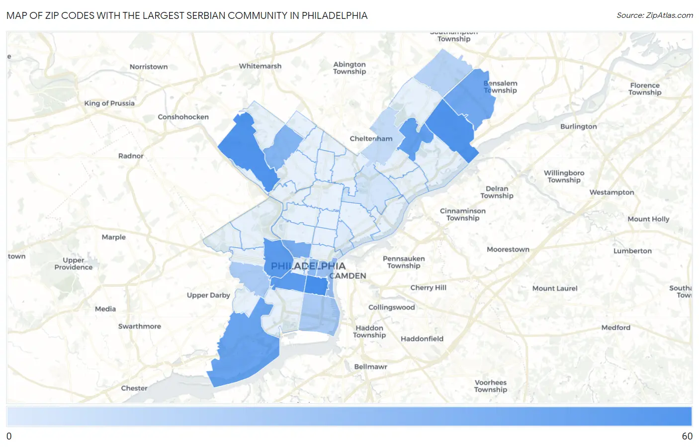 Zip Codes with the Largest Serbian Community in Philadelphia Map