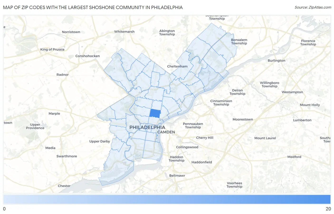 Zip Codes with the Largest Shoshone Community in Philadelphia Map