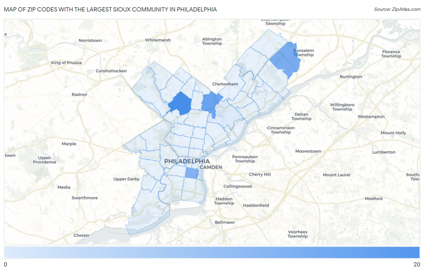 Zip Codes with the Largest Sioux Community in Philadelphia Map