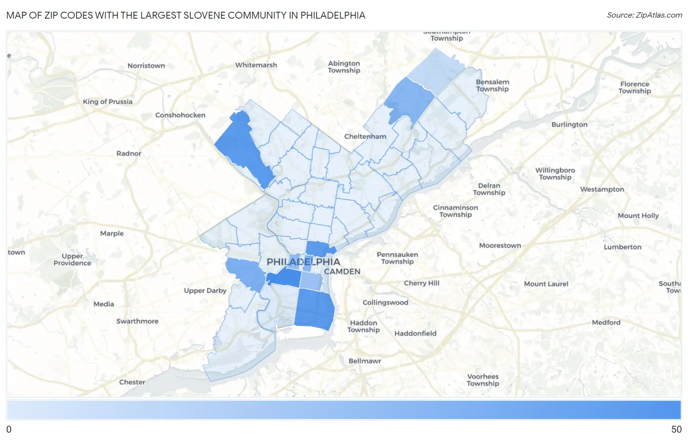 Zip Codes with the Largest Slovene Community in Philadelphia Map