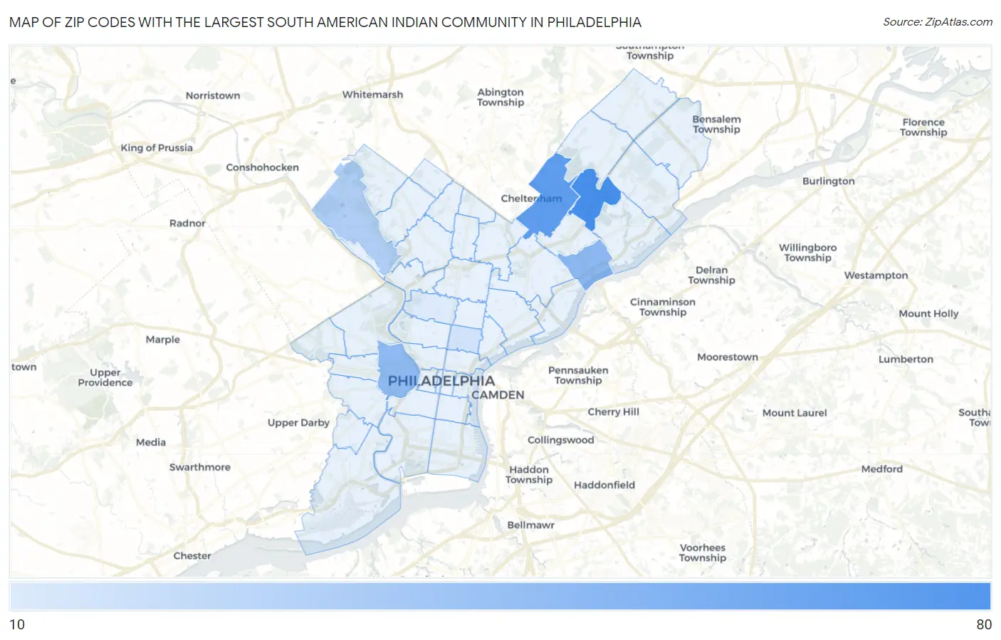 Zip Codes with the Largest South American Indian Community in Philadelphia Map