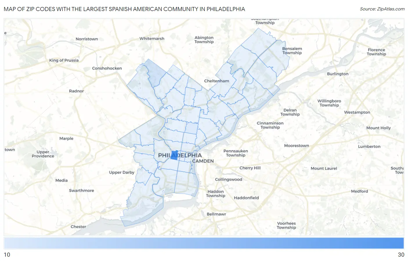 Zip Codes with the Largest Spanish American Community in Philadelphia Map