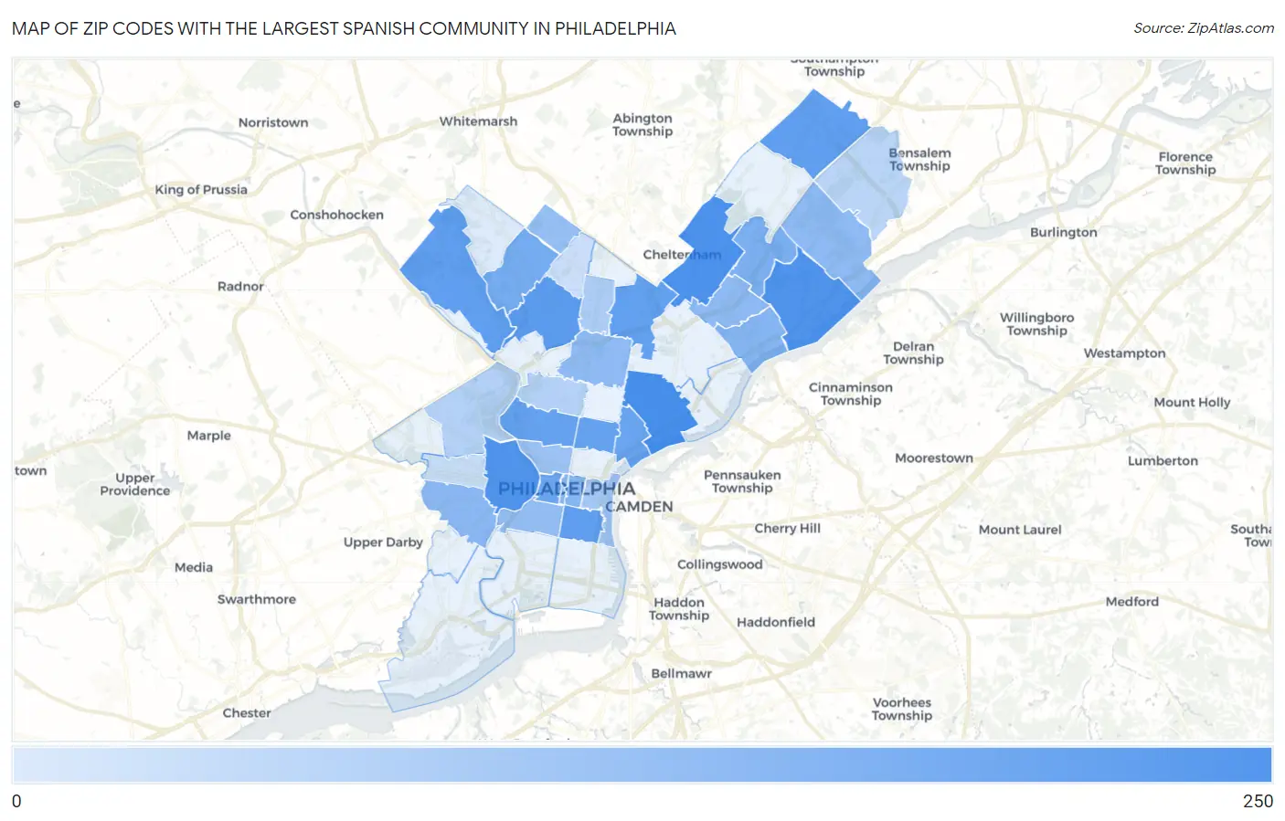 Zip Codes with the Largest Spanish Community in Philadelphia Map
