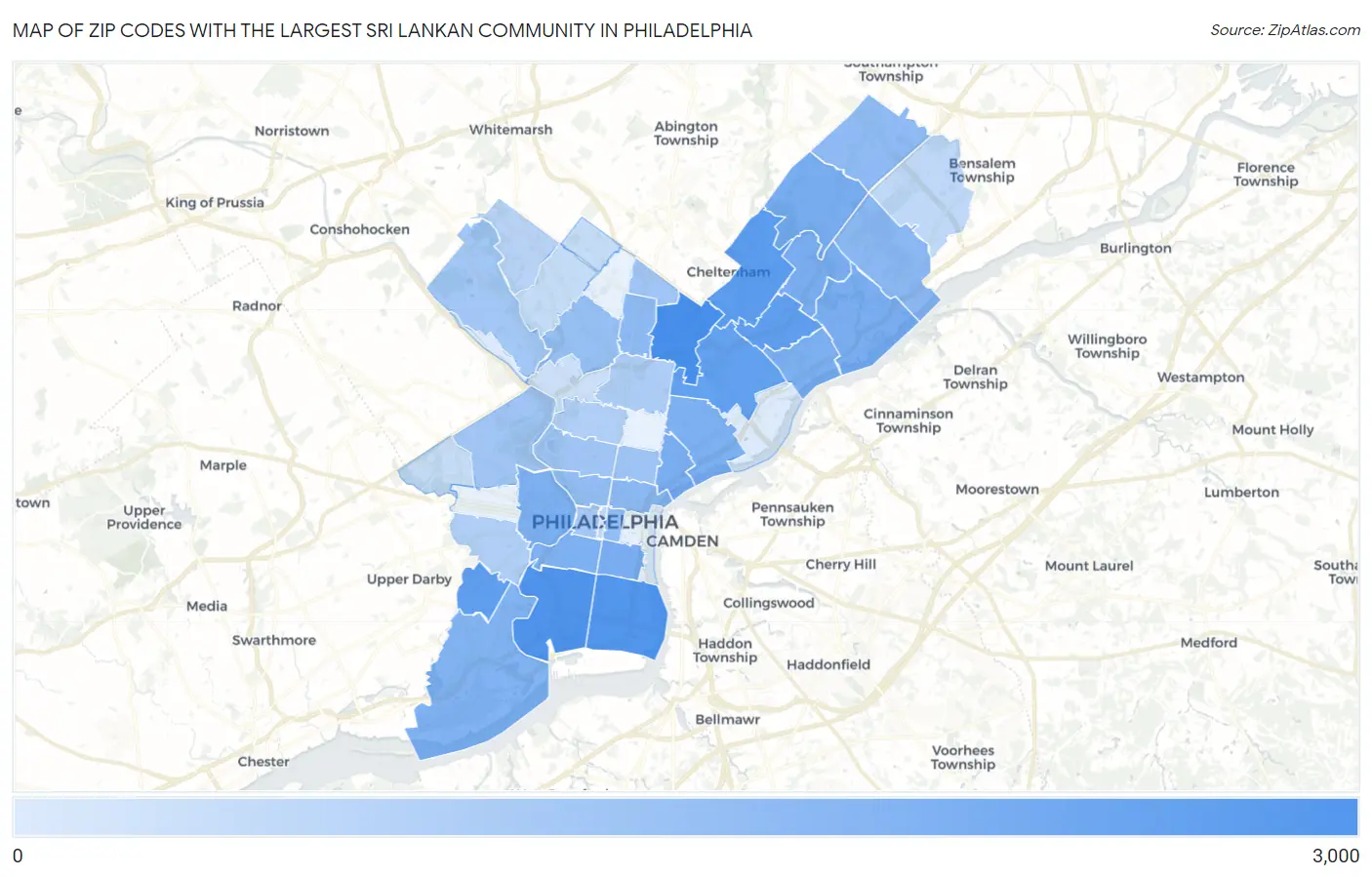 Zip Codes with the Largest Sri Lankan Community in Philadelphia Map