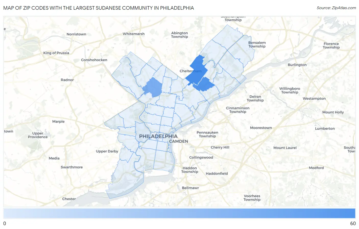 Zip Codes with the Largest Sudanese Community in Philadelphia Map