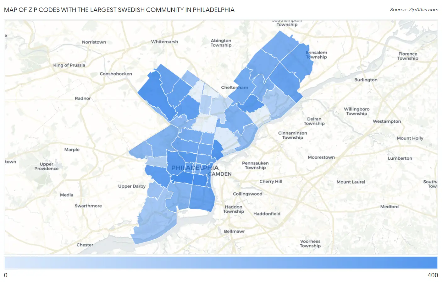 Zip Codes with the Largest Swedish Community in Philadelphia Map
