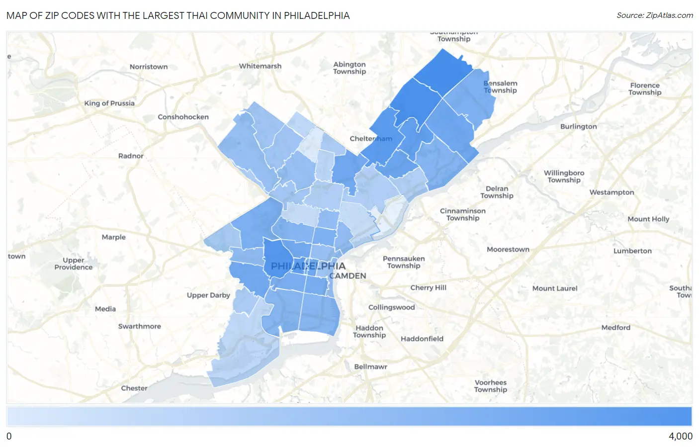 Zip Codes with the Largest Thai Community in Philadelphia Map