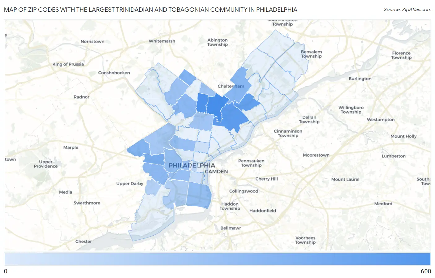 Zip Codes with the Largest Trinidadian and Tobagonian Community in Philadelphia Map