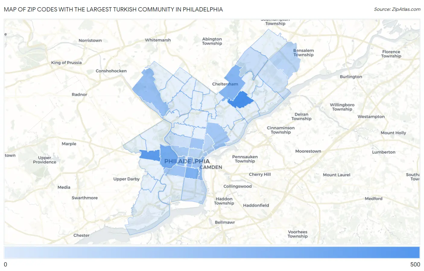 Zip Codes with the Largest Turkish Community in Philadelphia Map